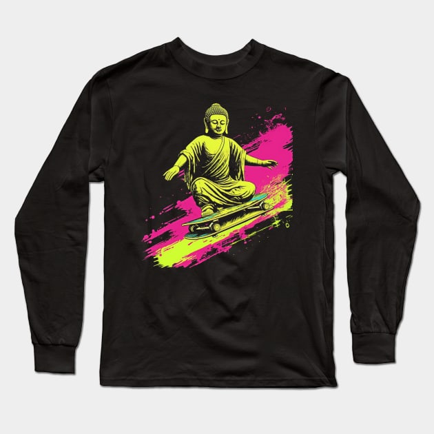 Buddha Skateboarding | Retro Skateboard | Funny Buddha # Long Sleeve T-Shirt by Celebrity Zen